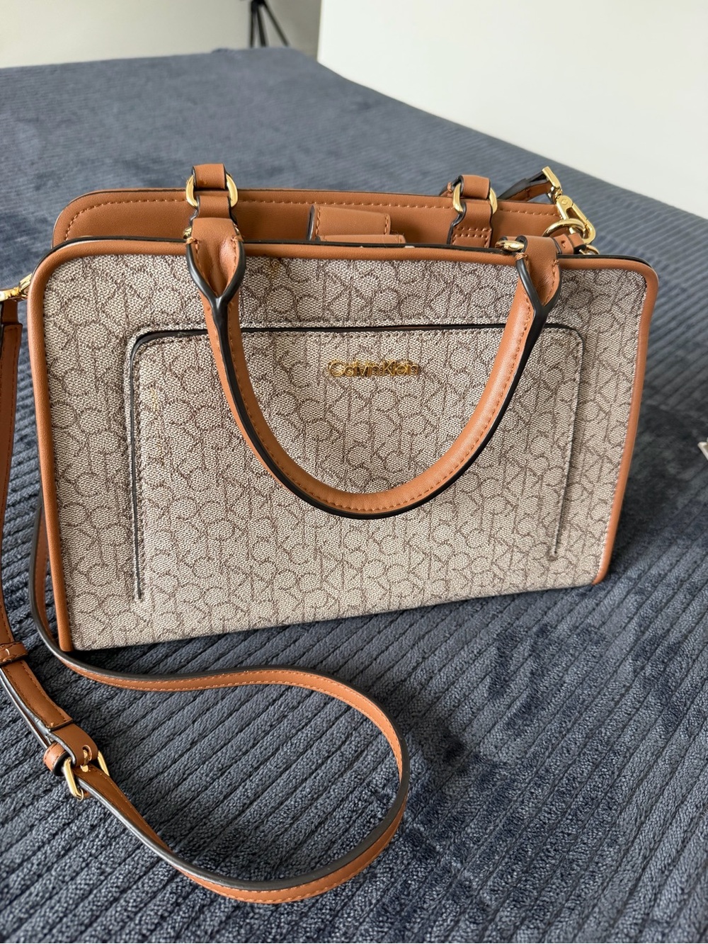 Calvin Klein Tan and Cream Signature Satchel with Shoulder Strap